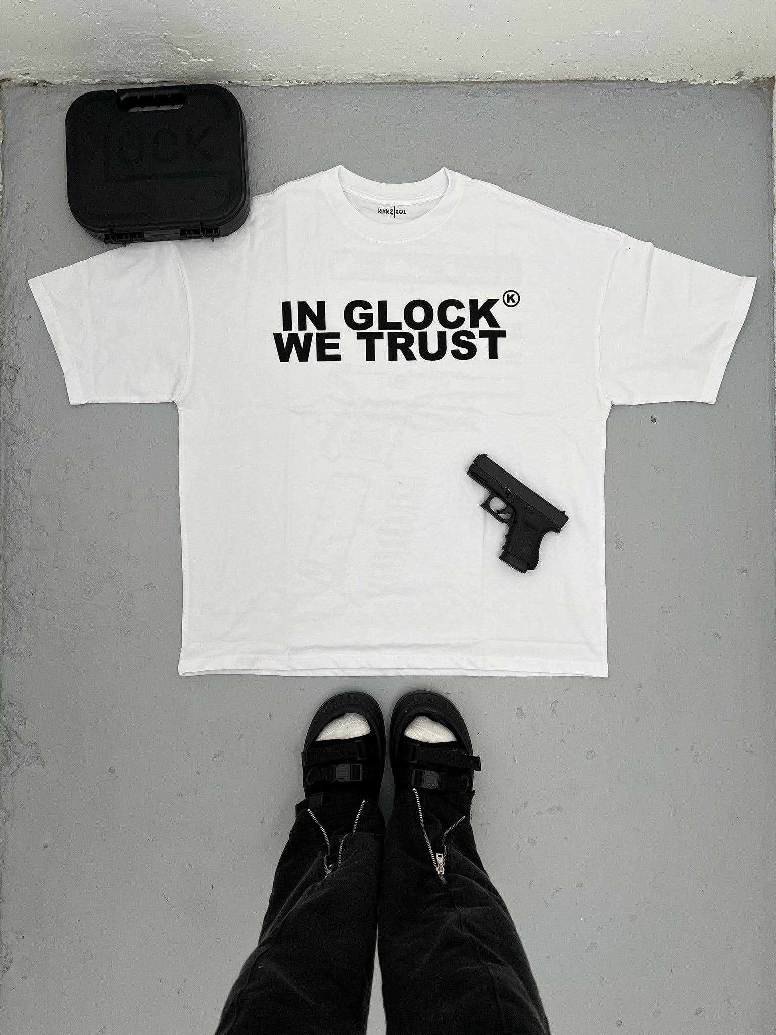 IN GLOCK WE TRUST OVERSIZED TEE (white)